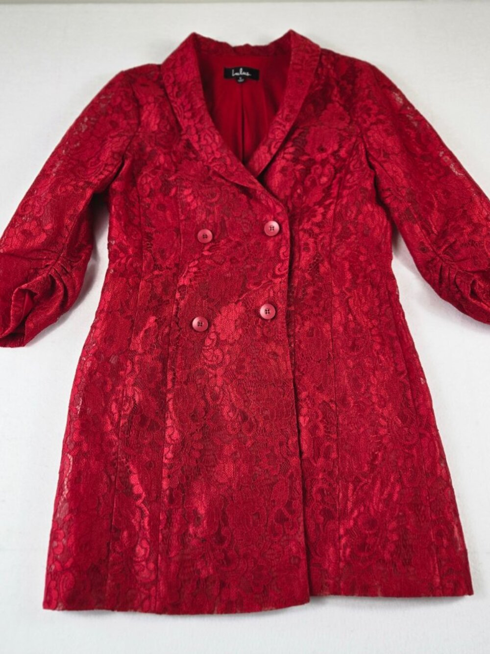 Iconic Lulus Red Lace Overcoat size S - Picture 4 of 13